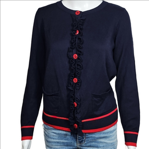 Talbots Cashmere Blend Soft Knit Navy Red Nautical Ruffle Front Cardigan Sweater